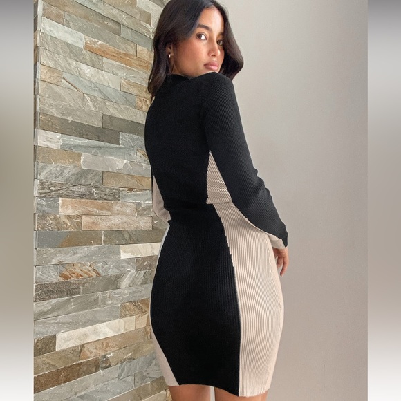 Black and Beige Block Bodycon Sweater Dress - Picture 4 of 13